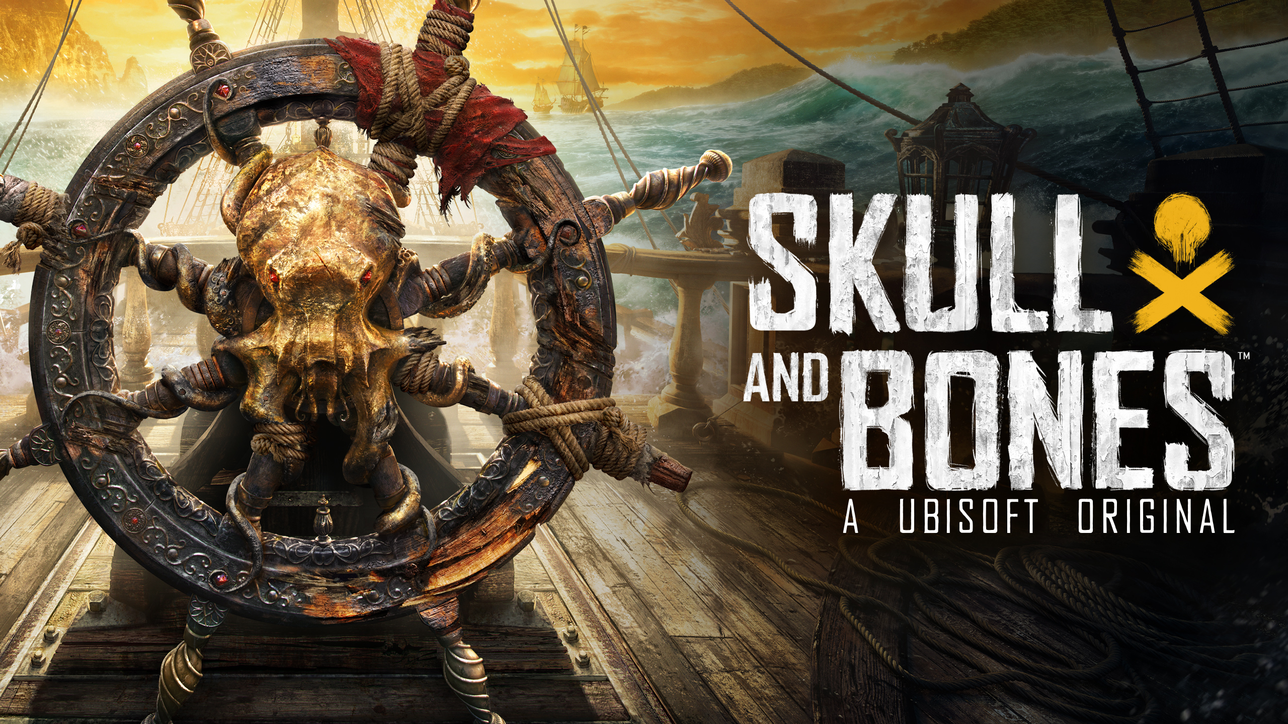 Portada del videojuego Skull and Bones de Ubisoft, mostrando un timón decorado con un cráneo dorado de criatura marina en un barco pirata, con un océano tormentoso de fondo.